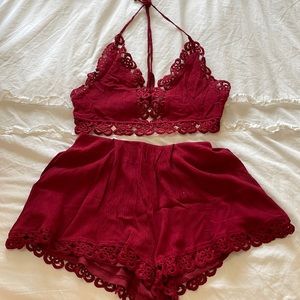 Burgundy Lacy Two Piece Set